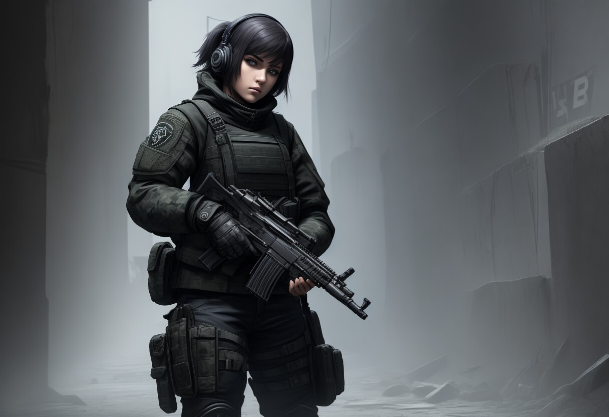 The image portrays a female warrior, styled in the vein of the popular video game, Counter-Strike: Global Offensive. She is in a military uniform, holding a rifle in a foggy urban environment. The warrior is equipped with a green tactical vest, a black helmet with a headset, and black gloves. The black rifle she’s holding is fitted with a scope and a suppressor. The backdrop is a foggy street littered with rubble and debris.