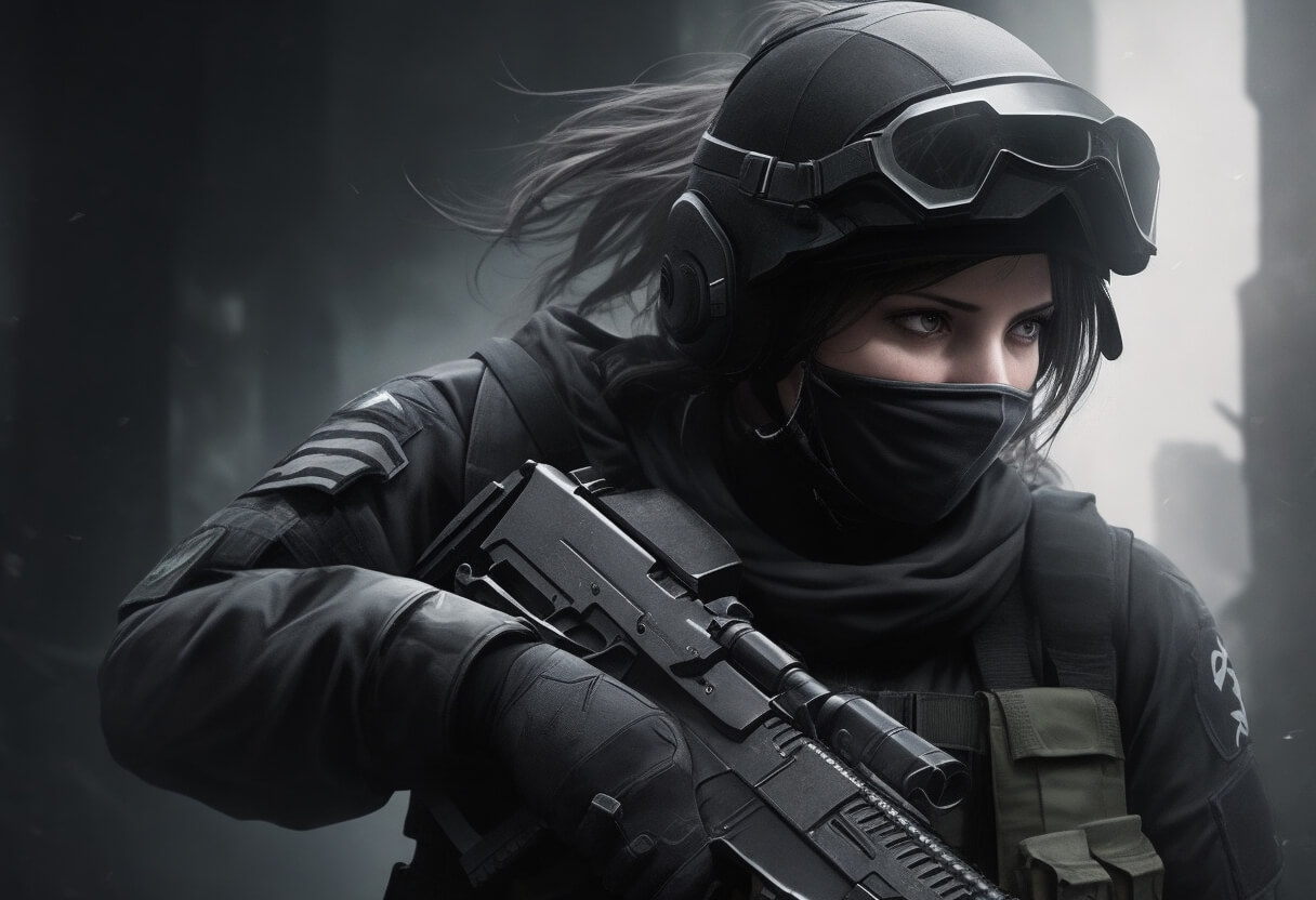 A female warrior in Counter-Strike: Global Offensive, wearing a balaclava, with her face visible and gun in hand, facing the user against a dark backdrop, ready to engage enemies.