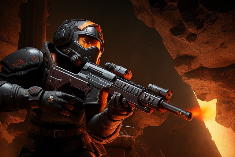 Quake III warrior wearing a helmet and armor, holding a gun in a dark atmosphere, looking intently to the side.