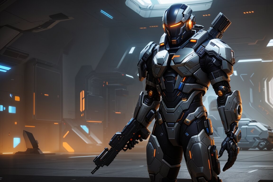 Side view of a man donning a sleek, futuristic suit with intricate designs and advanced tech elements, firmly holding a high-tech gun with precision detailing, suggesting a scene from a sci-fi setting or narrative.